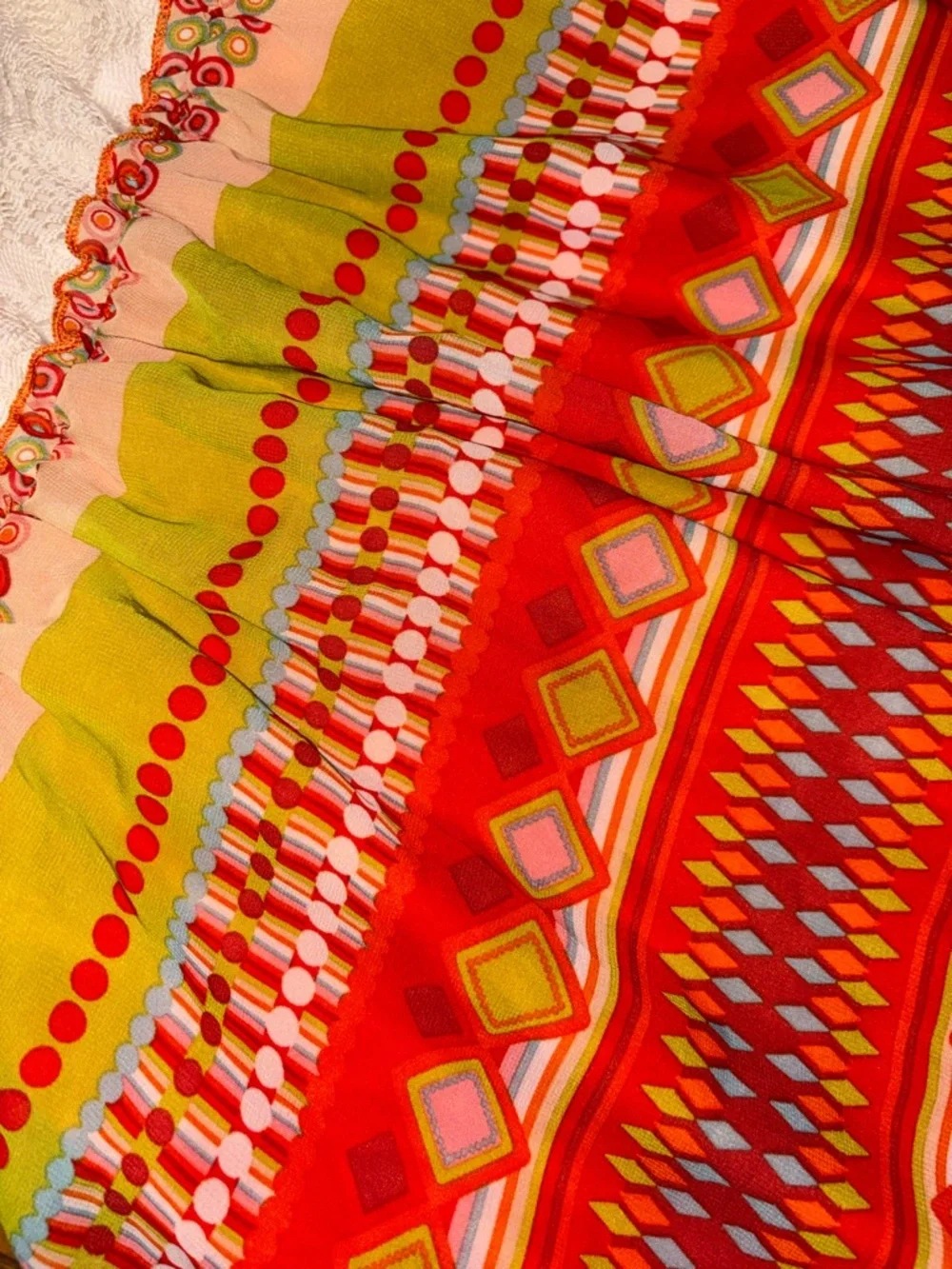 Boho Crochet Bodice Sundress || Smocked Waist | Colorful Geometric Print
